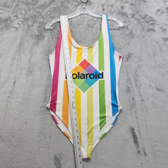 Polaroid Swimsuit Size M Multicolor Rainbow Striped Logo High Cut One Piece - Picture 10 of 11